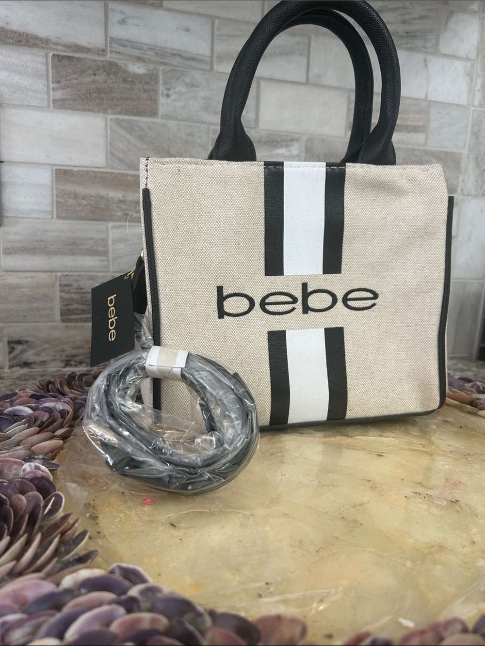 bebe Beige mini Canvas Tote with Black & White Stripe Accents NWT